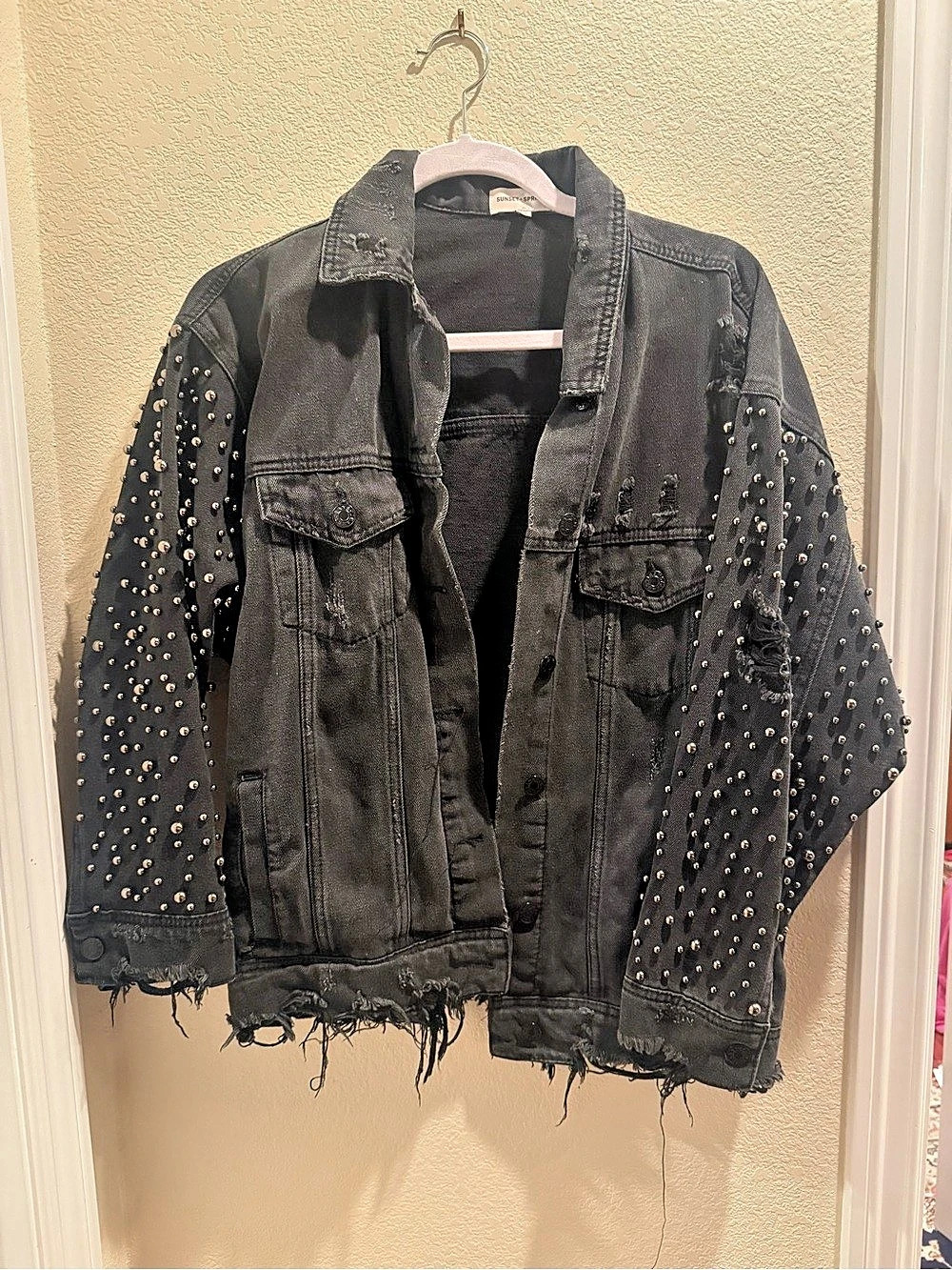 Sunset + Spring Studded Distressed Denim Jacket XS